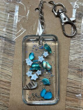 Aqua Beach Shell Keychain Phone Charm - Clear Rectangular Design
